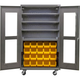 Clear-View Configurable Mobile Charging Cabinet, 48x24x85, 4 Shelves, 24 YLW Bins
