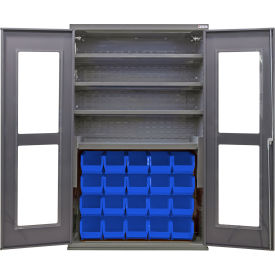 Clear-View Configurable Charging Cabinet, 48x24x78, 4 Shelves, 24 Blue Bins