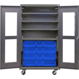 Clear-View Configurable Mobile Charging Cabinet, 48"Wx24"Dx85"H, 24 Blue Bins