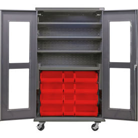 Clear-View Configurable Mobile Charging Cabinet, 48"Wx24"Dx85"H, 24 Red Bins