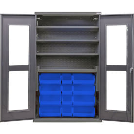 Clear-View Configurable Charging Cabinet, 48"x24"x78", 4 Shelves, 24 Blue Bins