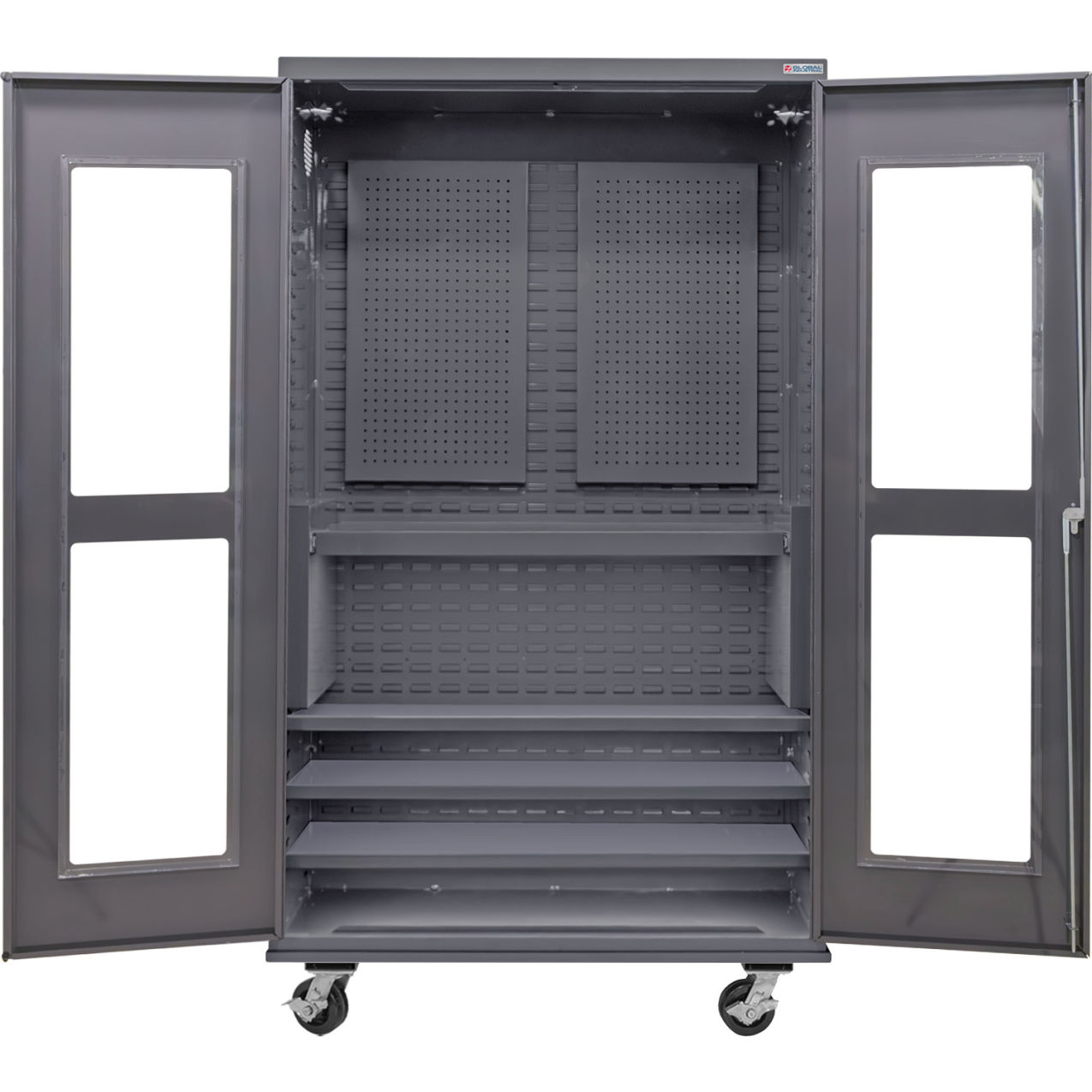 Clear-View Configurable Mobile Pegboard Cabinet, 48"W x 24"D x 85"H, 4 Shelves