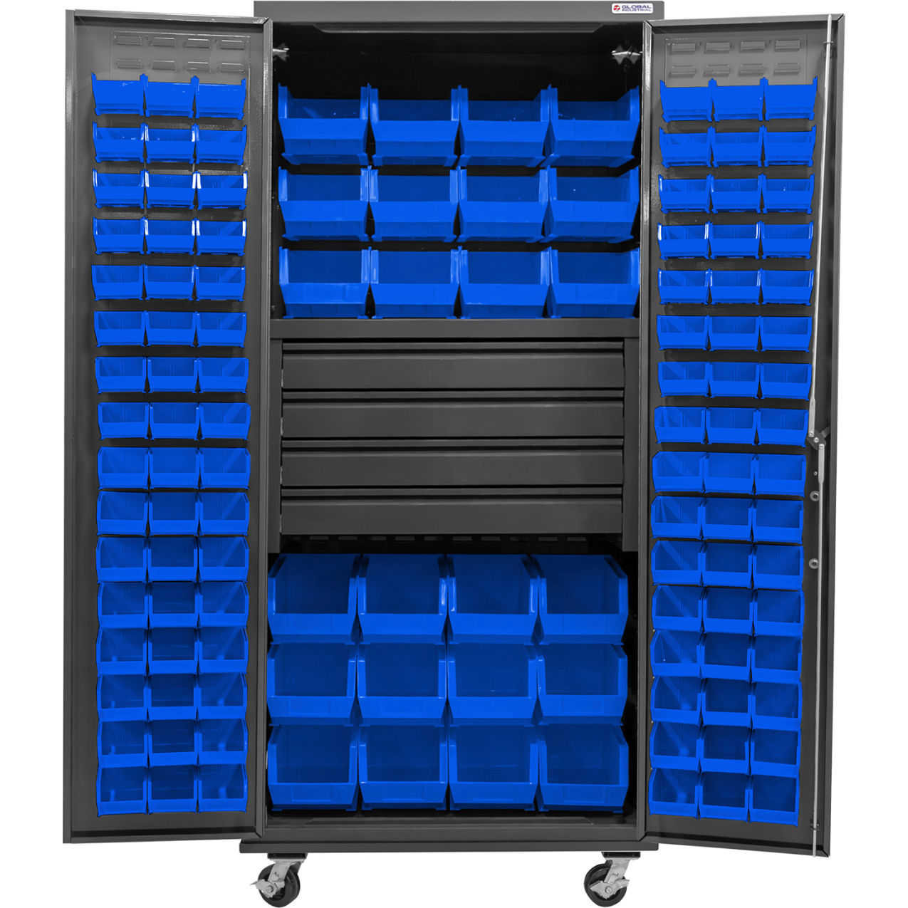 E-Locking Configurable Mobile Bin Cabinet, 36"x24"x85", 4 Drawers, 120 Blue Bins