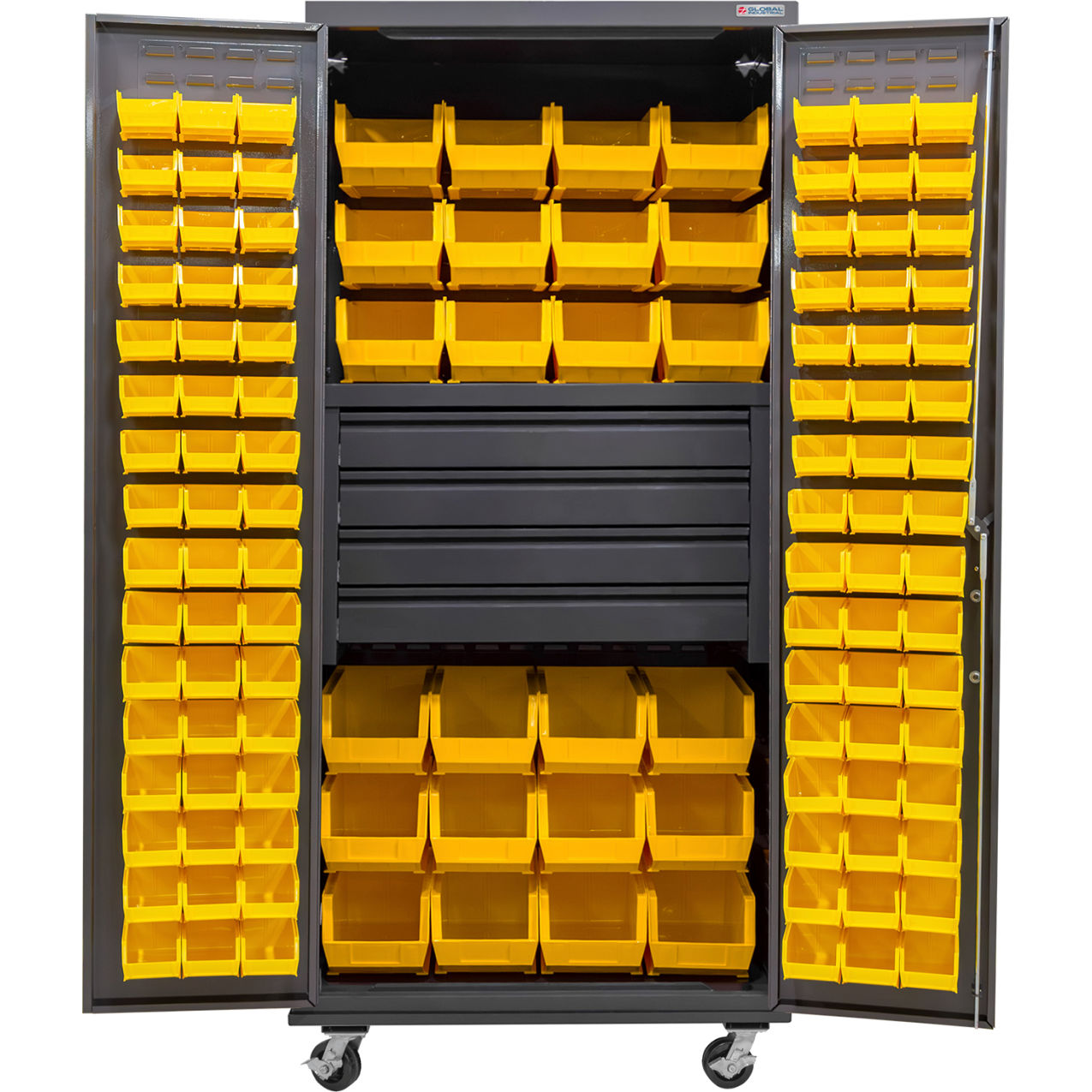 E-Locking Configurable Mobile Bin Cabinet, 36"Wx24"Dx85"H, 4 Drawers, 120 YL Bins