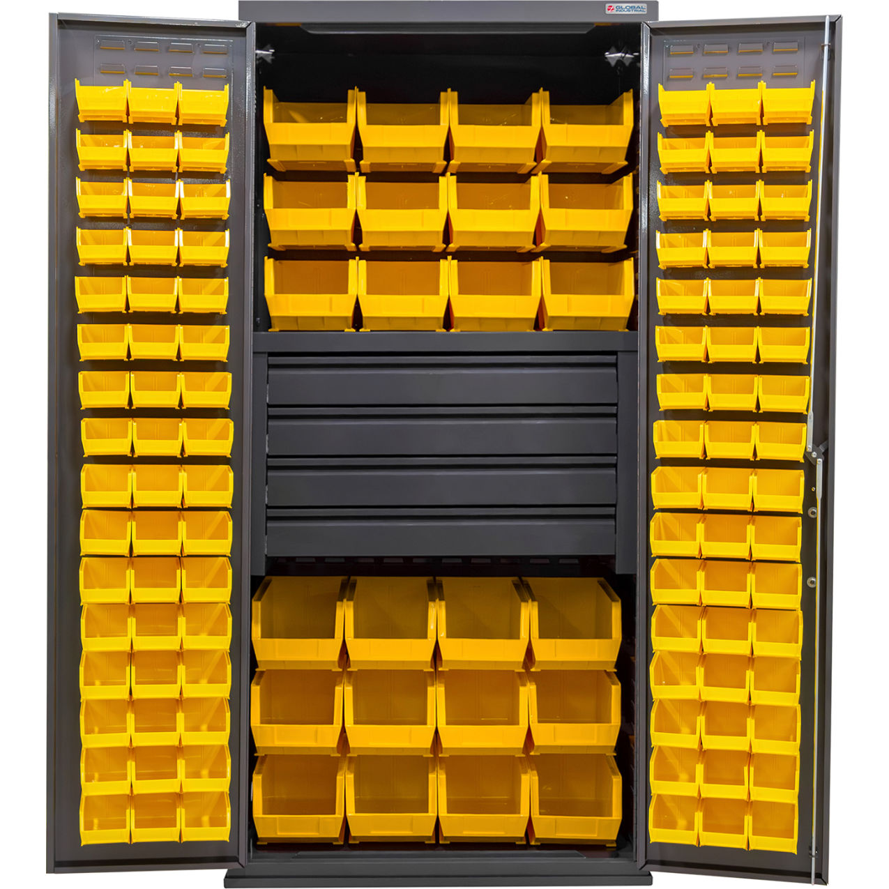 E-Locking Configurable Drawer Cabinet, 36"x24"x78", 4 Drawers, 120 Yellow Bins