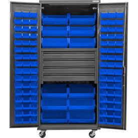 E-Locking Configurable Mobile Bin Cabinet, 36x24x85, 4 Drawers, 108 Blue Bins