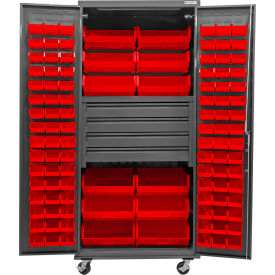 E-Locking Configurable Mobile Bin Cabinet, 36x24x85, 4 Drawers, 108 Red Bins