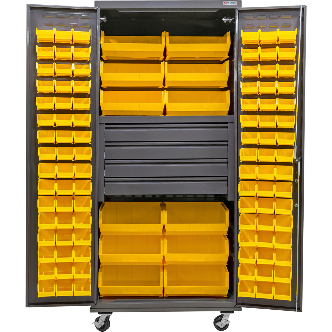 E-Locking Configurable Mobile Bin Cabinet, 36x24x85, 4 Drawers, 108 Yellow Bins