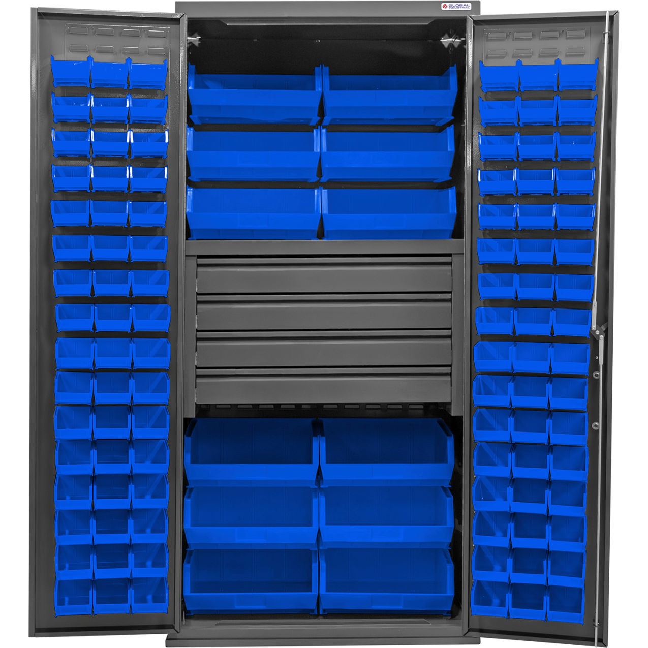 E-Locking Configurable Drawer Cabinet, 36"x24"x78", 4 Drawers, 108 Blue Bins