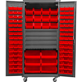 E-Locking Configurable Mobile Bin Cabinet, 36"x24"x85", 4 Drawers, 114 Red Bins