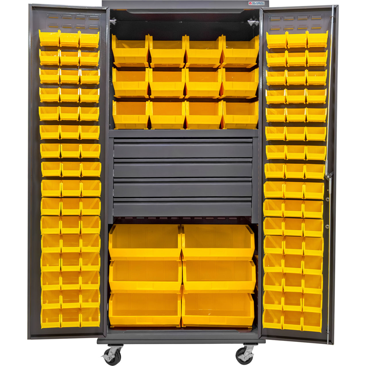 E-Locking Configurable Mobile Bin Cabinet, 36"x24"x85", 4 Drawers, 114 YLW Bins