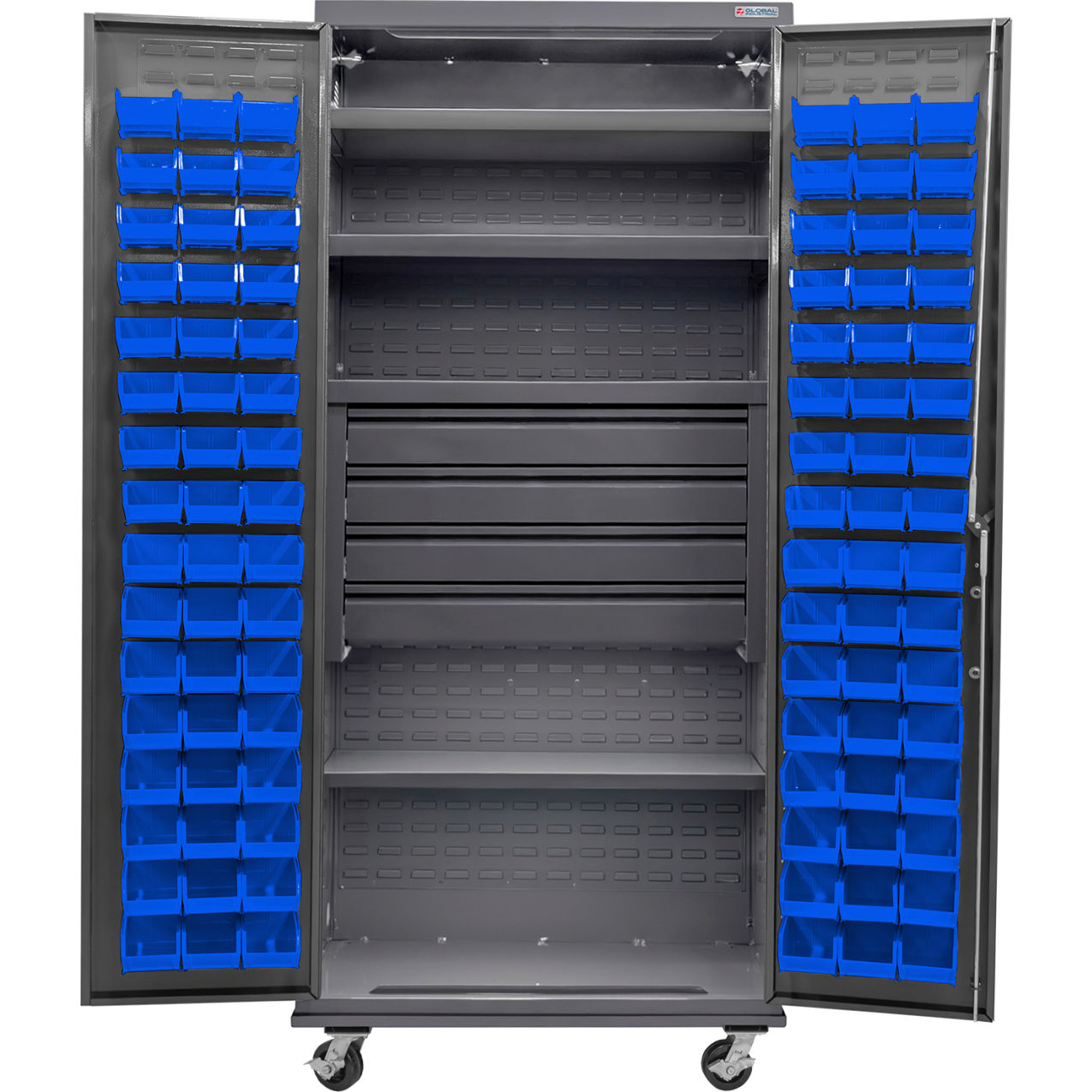E-Locking Configurable Mobile Drawer/Bin Cabinet, 36x24x85, 4 Shelves, 96 BL Bins