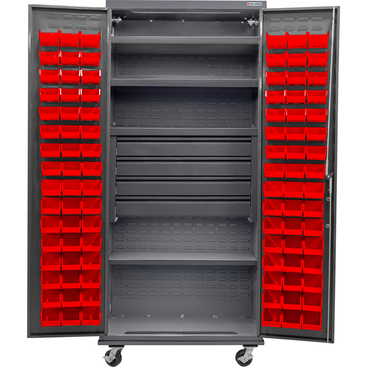 E-Locking Configurable Mobile Bin Cabinet, 36"Wx24"Dx85"H, 4 Drawers, 96 Red Bins