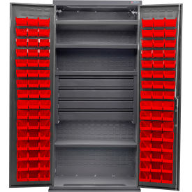 E-Locking Configurable Bin Cabinet, 36x24x78, 4 Shelves, 4 Drawers, 96 Red Bins