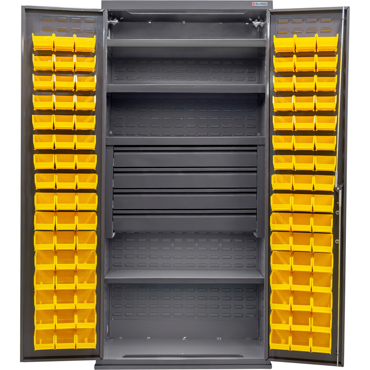 E-Locking Configurable Bin Cabinet, 36x24x78, 4 Shelves, 4 Drawers, 96 Yellow Bins