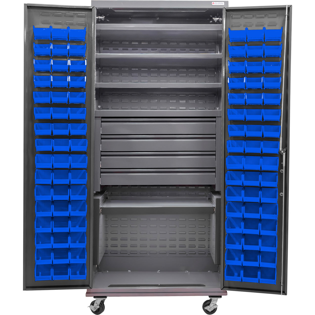 E-Locking Configurable Mobile Bin Cabinet, 36"x24"x85", 5 Shelves, 96 Blue Bins