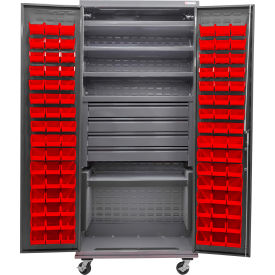 E-Locking Configurable Mobile Bin Cabinet, 36"Wx24"Dx85"H, 5 Shelves, 96 Red Bins