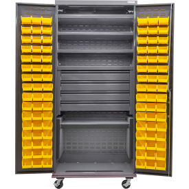 E-Locking Configurable Mobile Bin Cabinet, 36"Wx24"Dx85"H, 5 Shelves, 96 YLW Bins