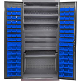 E-Locking Configurable Bin Cabinet, 36x24x78, 5 Shelves, 4 Drawers, 96 Blue Bins