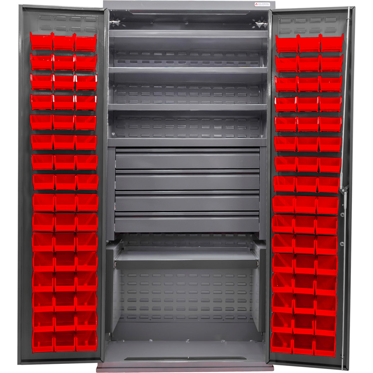 E-Locking Configurable Bin Cabinet, 36x24x78, 5 Shelves, 4 Drawers, 96 Red Bins