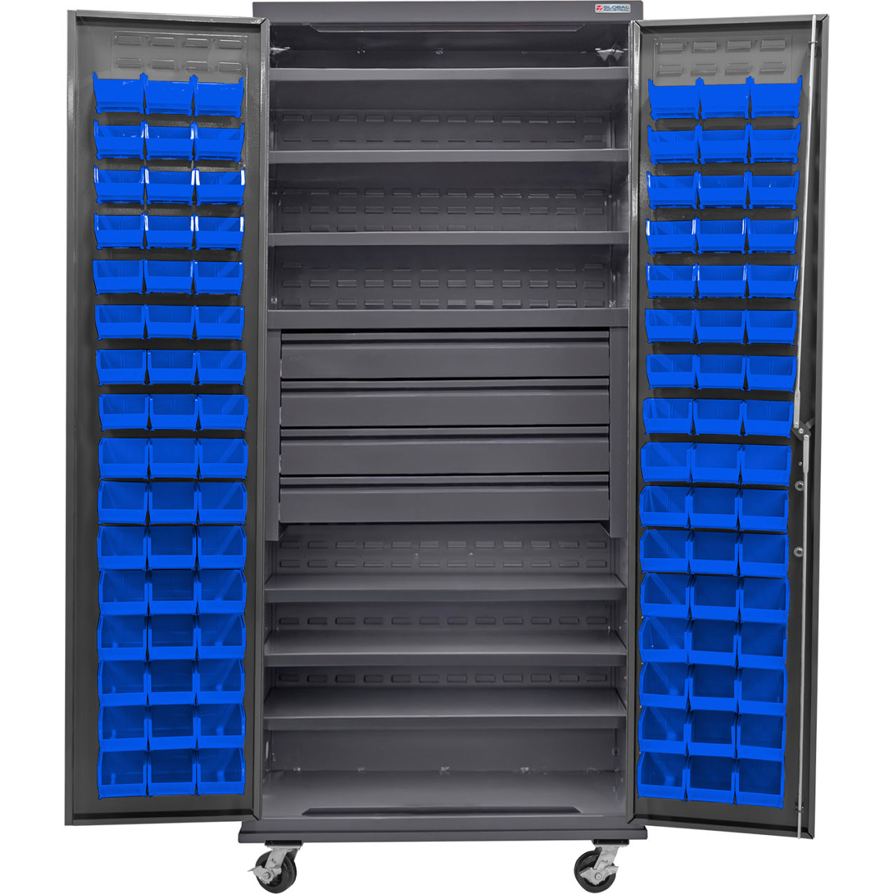 E-Locking Configurable Mobile Drawer/Bin Cabinet, 36x24x85, 6 Shelves, 96 BL Bins