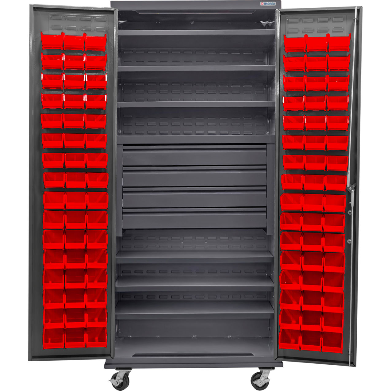 E-Locking Configurable Mobile Drawer/Bin Cabinet, 36x24x85, 96 RD Bins, 6 Shelves