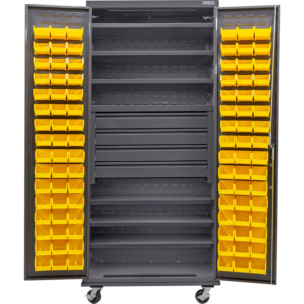 E-Locking Configurable Mobile Drawer/Bin Cabinet, 36x24x85, 96 YL Bins, 6 Shelves