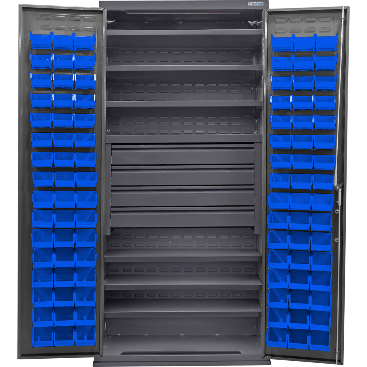 E-Locking Configurable Bin Cabinet, 36x24x78, 6 Shelves, 4 Drawers, 96 Blue Bins