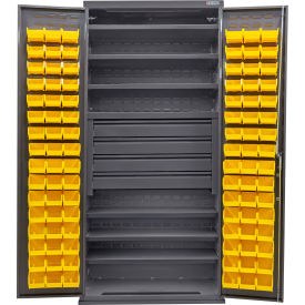 E-Locking Configurable Bin Cabinet, 36x24x78, 6 Shelves, 4 Drawers, 96 YLW Bins