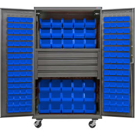E-Locking Configurable Mobile Bin Cabinet, 48"x24"x85", 4 Drawers, 156 Blue Bins