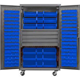 E-Locking Configurable Mobile Bin Cabinet, 48x24x85, 4 Drawers, 144 Blue Bins