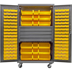 E-Locking Configurable Mobile Bin Cabinet, 48x24x85, 4 Drawers, 144 Yellow Bins