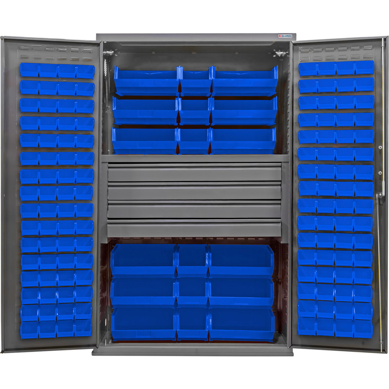 E-Locking Configurable Drawer Cabinet, 48"x24"x78", 4 Drawers, 144 Blue Bins