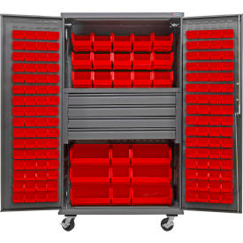 E-Locking Configurable Mobile Bin Cabinet, 48"x24"x85", 4 Drawers, 174 Red Bins