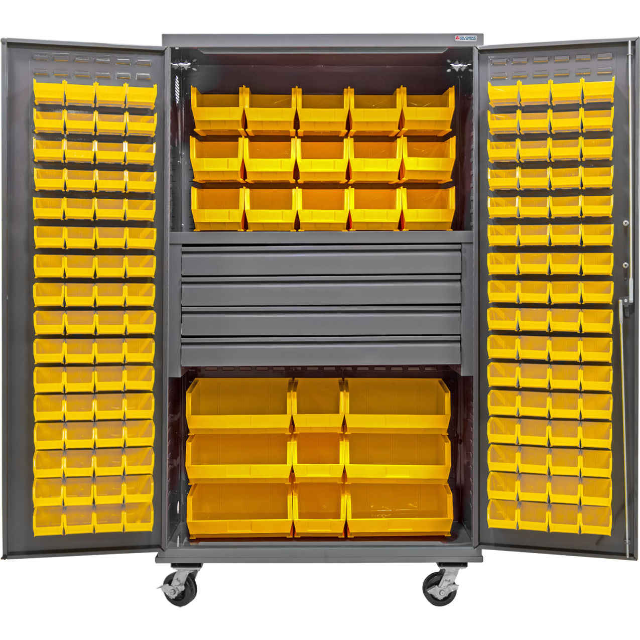 E-Locking Configurable Mobile Bin Cabinet, 48"x24"x85", 4 Drawers, 174 YLW Bins