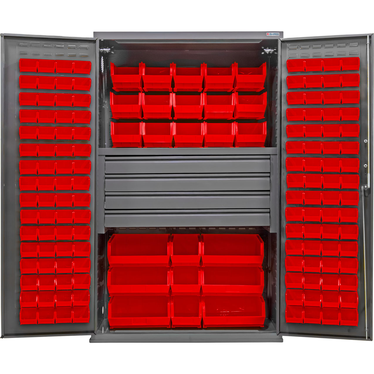 E-Locking Configurable Drawer Cabinet, 48"Wx24"Dx78"H, 4 Drawers, 174 Red Bins