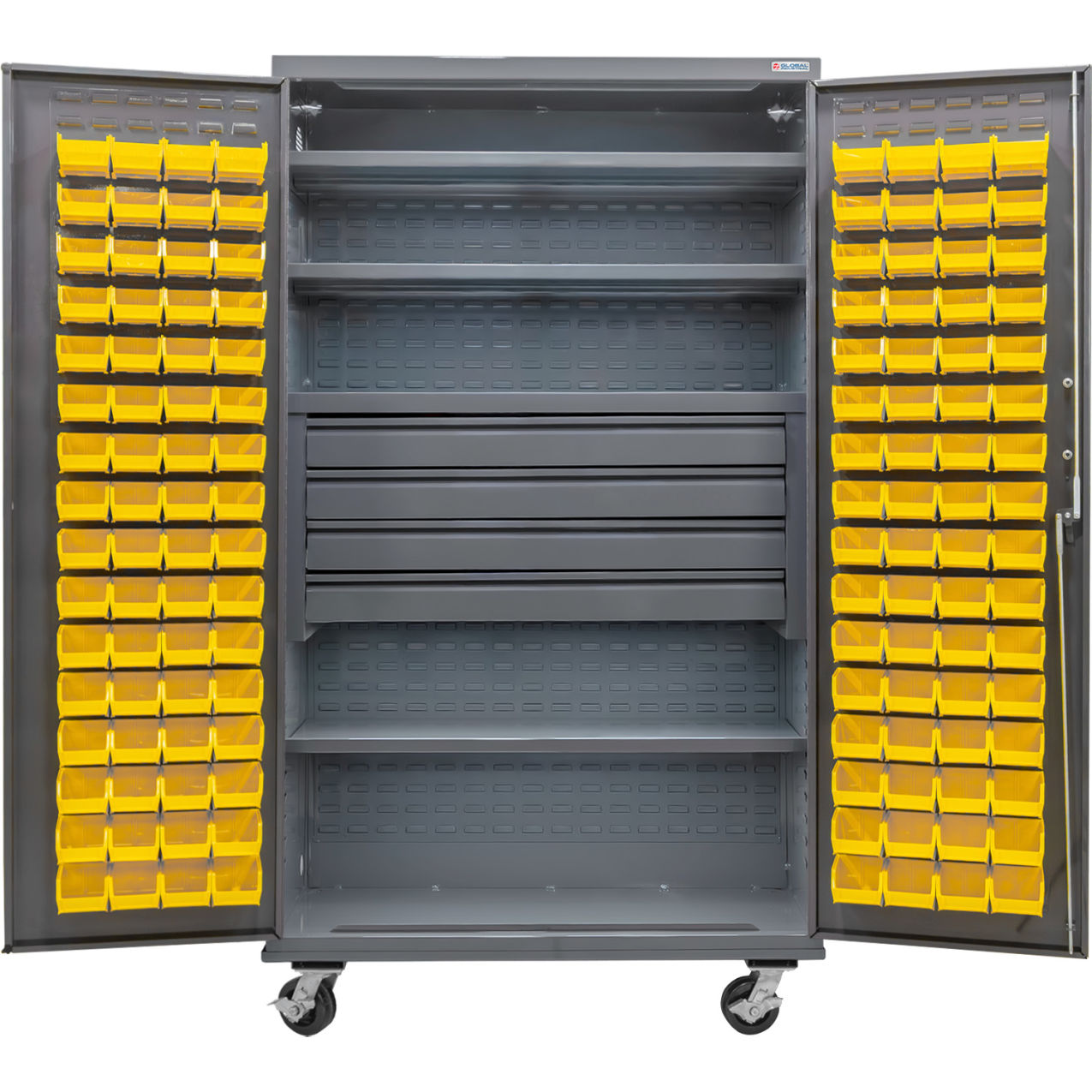 E-Locking Configurable Mobile Drawer/Bin Cabinet, 48x24x85, 4 Shelves, 120YL Bins