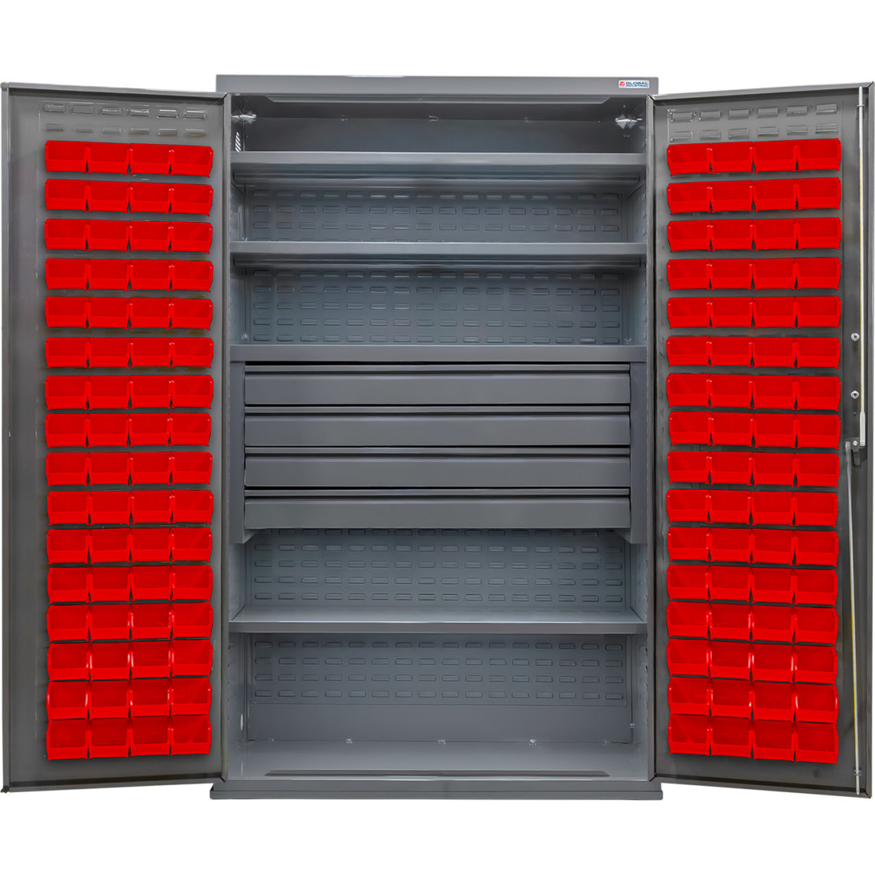 E-Locking Configurable Bin Cabinet, 48x24x78, 4 Shelves, 4 Drawers, 120 Red Bins