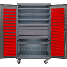 E-Locking Configurable Mobile Bin Cabinet, 48"x24"x85", 5 Shelves, 120 Red Bins