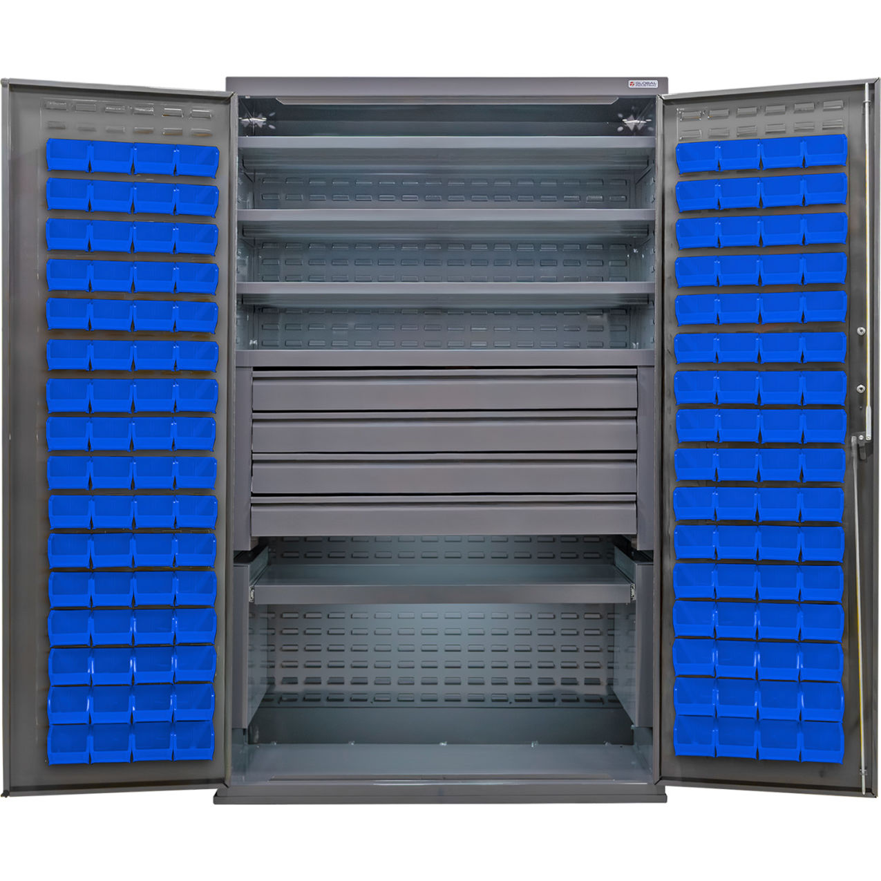 E-Locking Configurable Bin Cabinet, 48x24x78, 5 Shelves, 4 Drawers, 120 Blue Bins