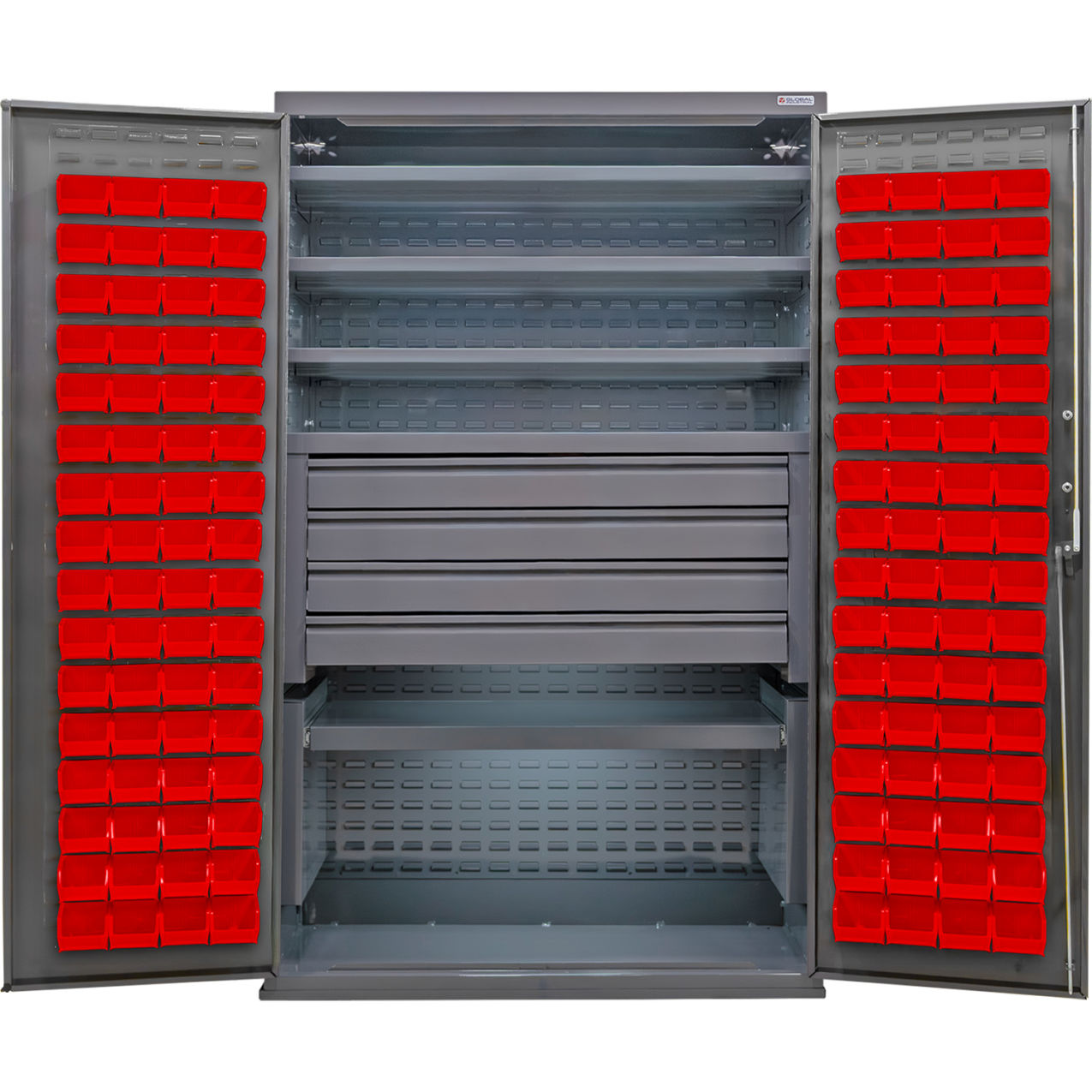 E-Locking Configurable Bin Cabinet, 48x24x78, 5 Shelves, 4 Drawers, 120 Red Bins