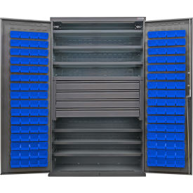 E-Locking Configurable Bin Cabinet, 48x24x78, 6 Shelves, 4 Drawers, 120 Blue Bins