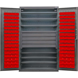 E-Locking Configurable Bin Cabinet, 48x24x78, 6 Shelves, 4 Drawers, 120 Red Bins