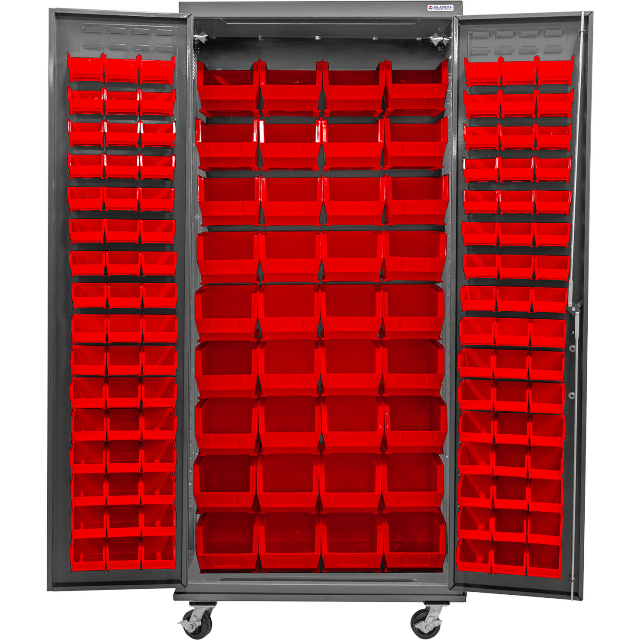 E-Locking Configurable Mobile Bin Cabinet, 36"W x 24"D x 85"H, 132 Red Bins