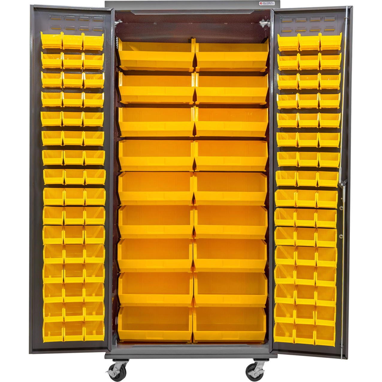 E-Locking Configurable Mobile Bin Cabinet, 36"W x 24"D x 85"H, 114 Yellow Bins