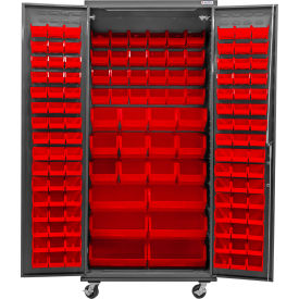 E-Locking Configurable Mobile Bin Cabinet, 36"W x 24"D x 85"H, 138 Red Bins