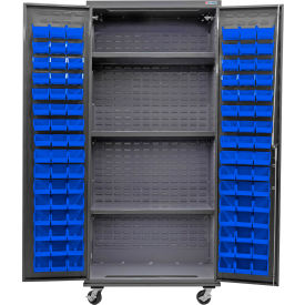 E-Locking Configurable Mobile Bin Cabinet, 36"x24"x85", 3 Shelves, 96 Blue Bins