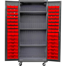 E-Locking Configurable Mobile Bin Cabinet, 36"Wx24"Dx85"H, 3 Shelves, 96 Red Bins