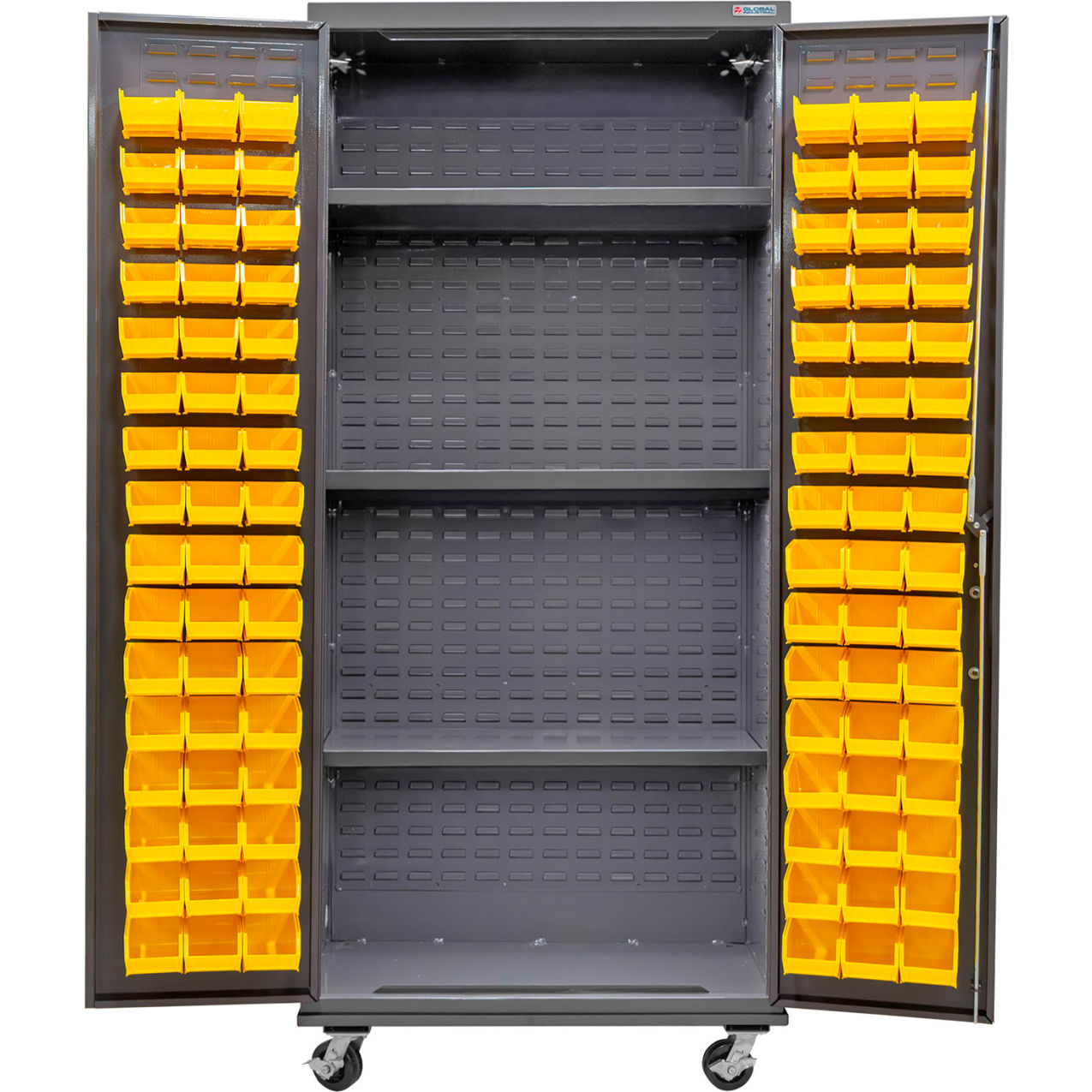 E-Locking Configurable Mobile Bin Cabinet, 36"Wx24"Dx85"H, 3 Shelves, 96 YLW Bins