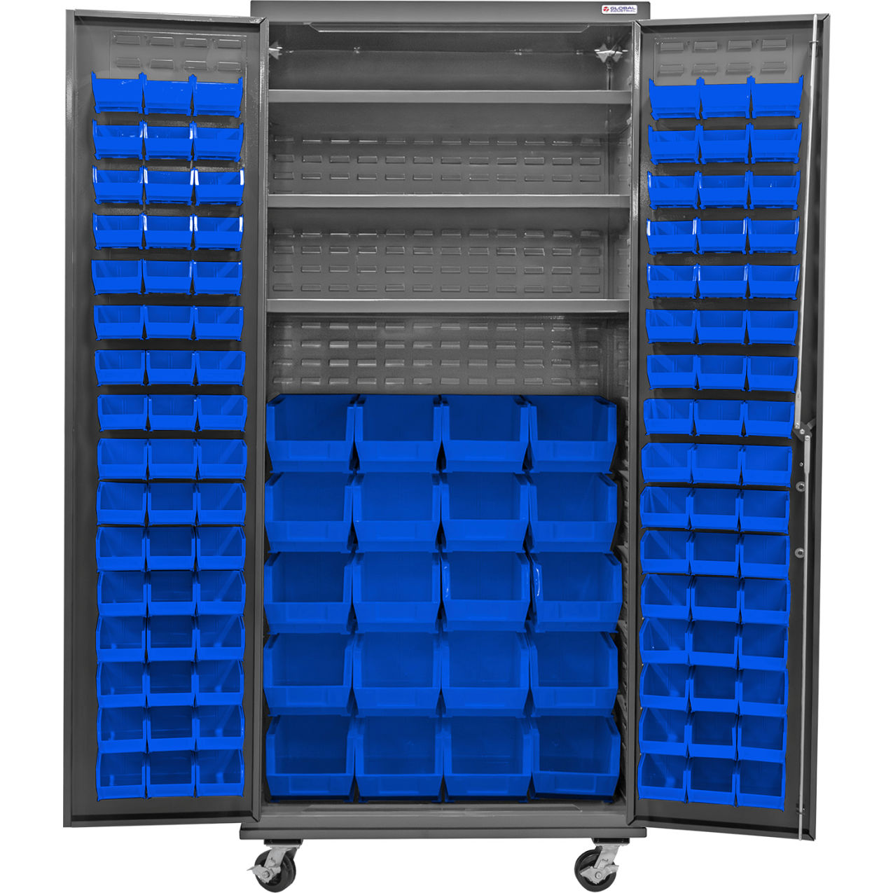 E-Locking Configurable Mobile Bin Cabinet, 36"x24"x85", 3 Shelves, 120 Blue Bins